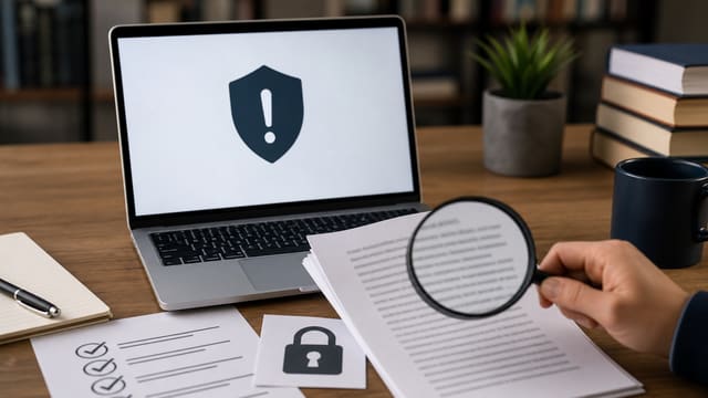 CSCA information verification desk with warning shield, magnifying glass, and checklist
