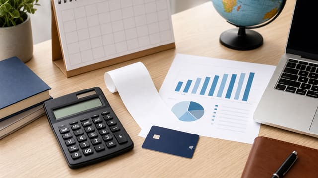 CSCA fees and score release planning desk with calculator, calendar, and abstract chart