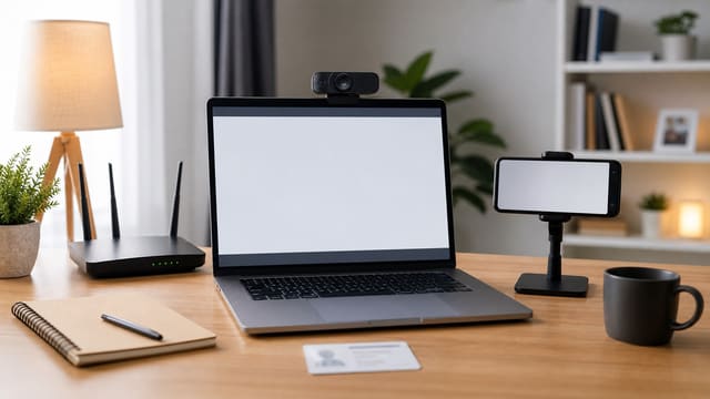 Home-based CSCA test setup with laptop, second device, router, and clear desk