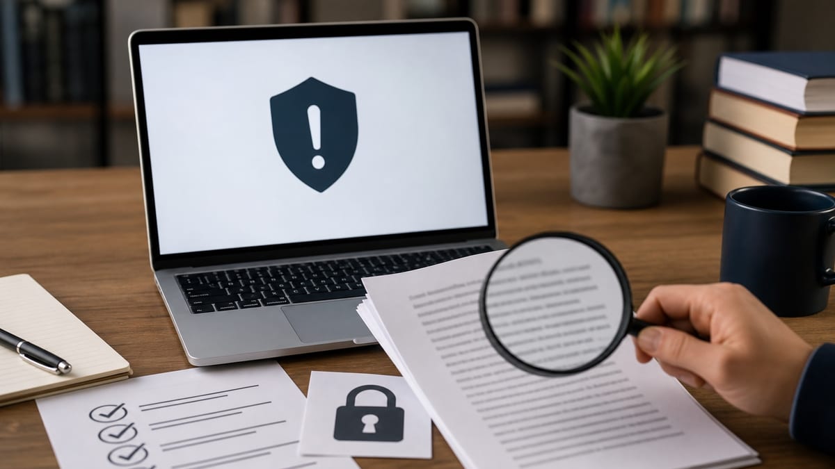 CSCA information verification desk with warning shield, magnifying glass, and checklist