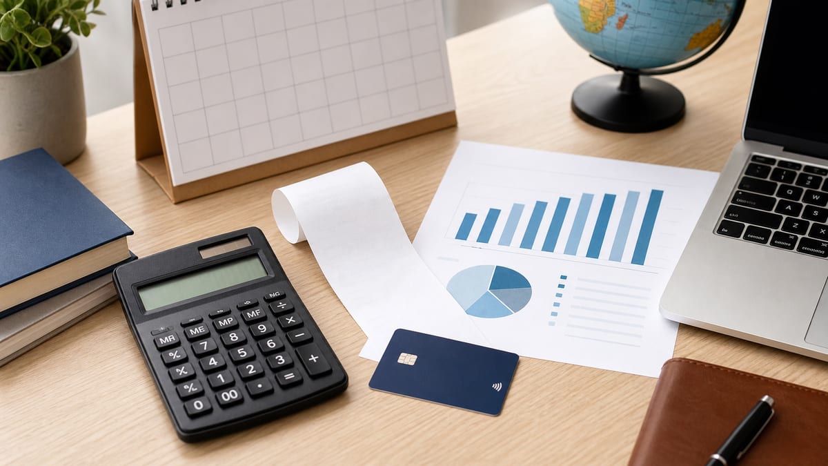 CSCA fees and score release planning desk with calculator, calendar, and abstract chart