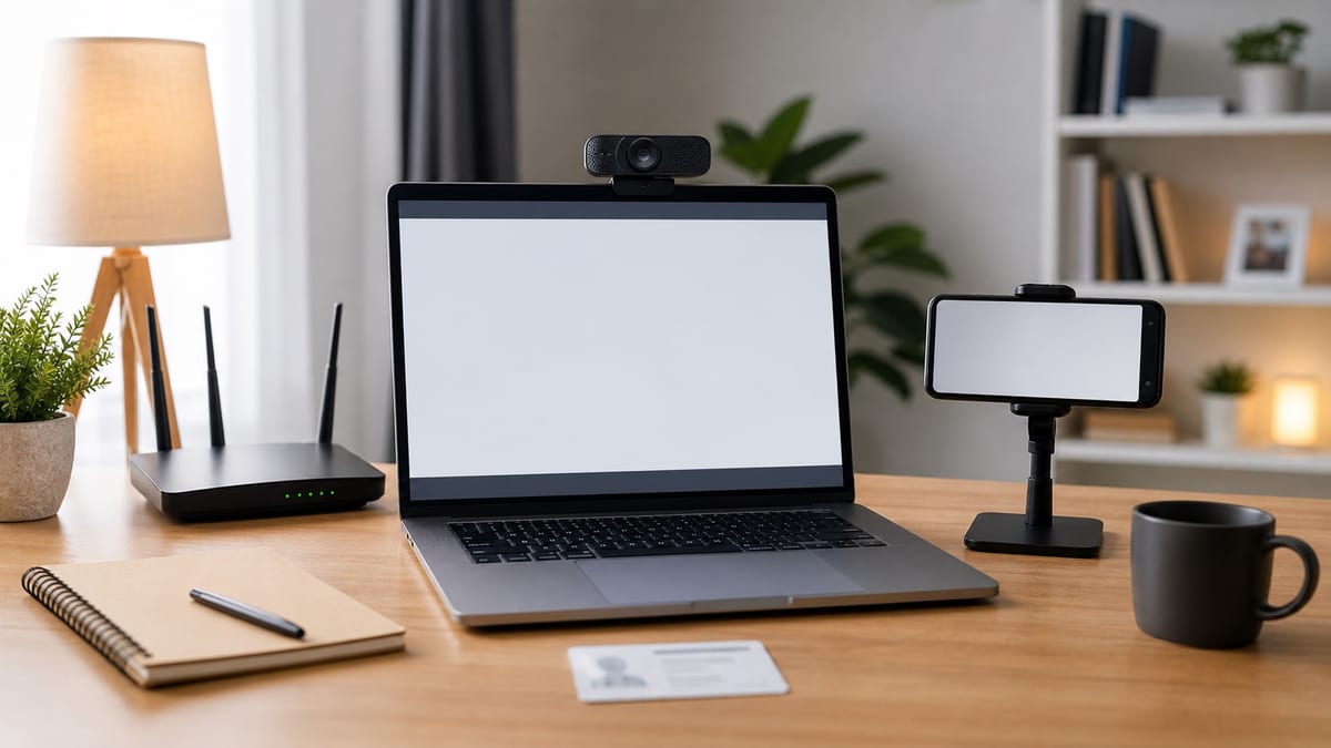 Home-based CSCA test setup with laptop, second device, router, and clear desk