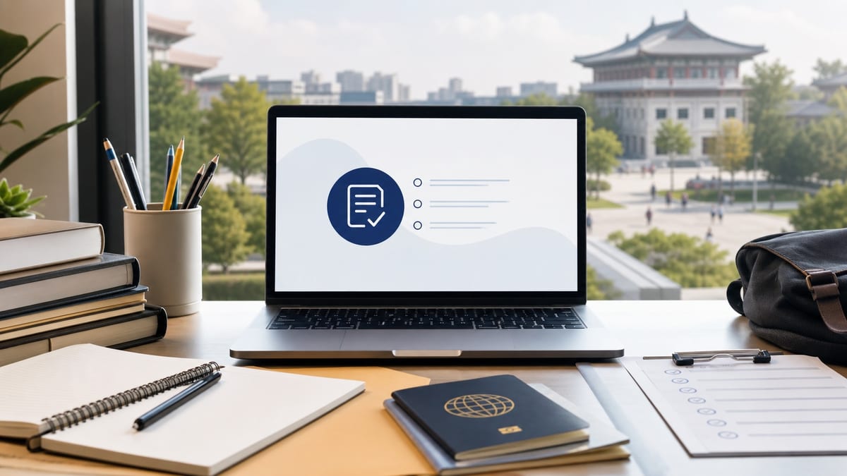 Modern study desk with laptop, passport, and application materials for CSCA exam preparation